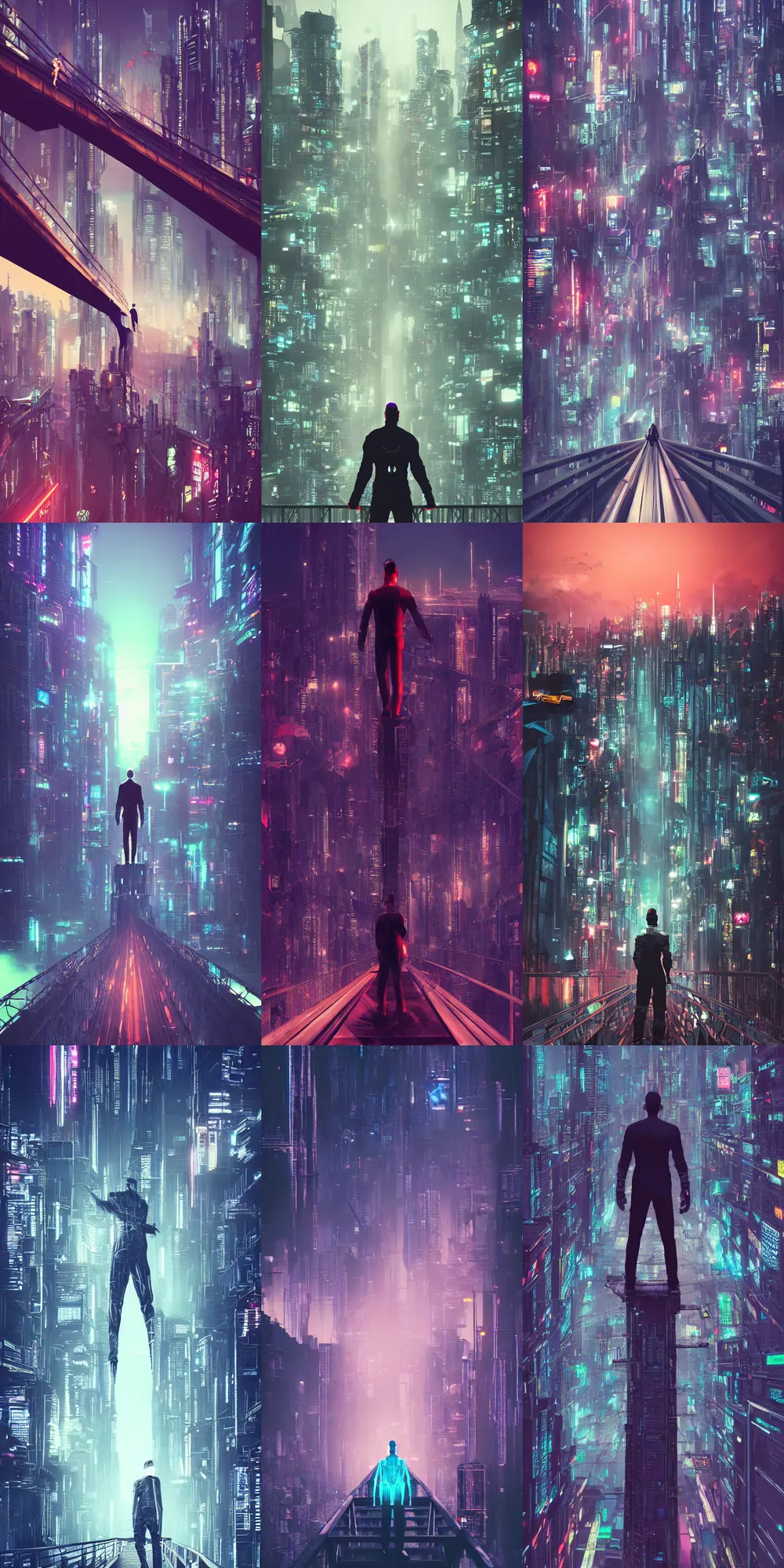 Image similar to a man standing on top of a bridge over a city, cyberpunk art by vincent lefevre, behance contest winner, altermodern, cityscape, synthwave, matte painting