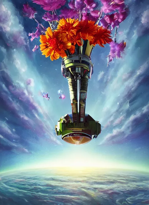 Image similar to An epic fantastic realism comic book style painting of the most beautiful flowers launched into space, bouquets, fisheye lens, unreal 5, DAZ, hyperrealistic, stars in the night sky reflected in the sea, octane render, dynamic lighting