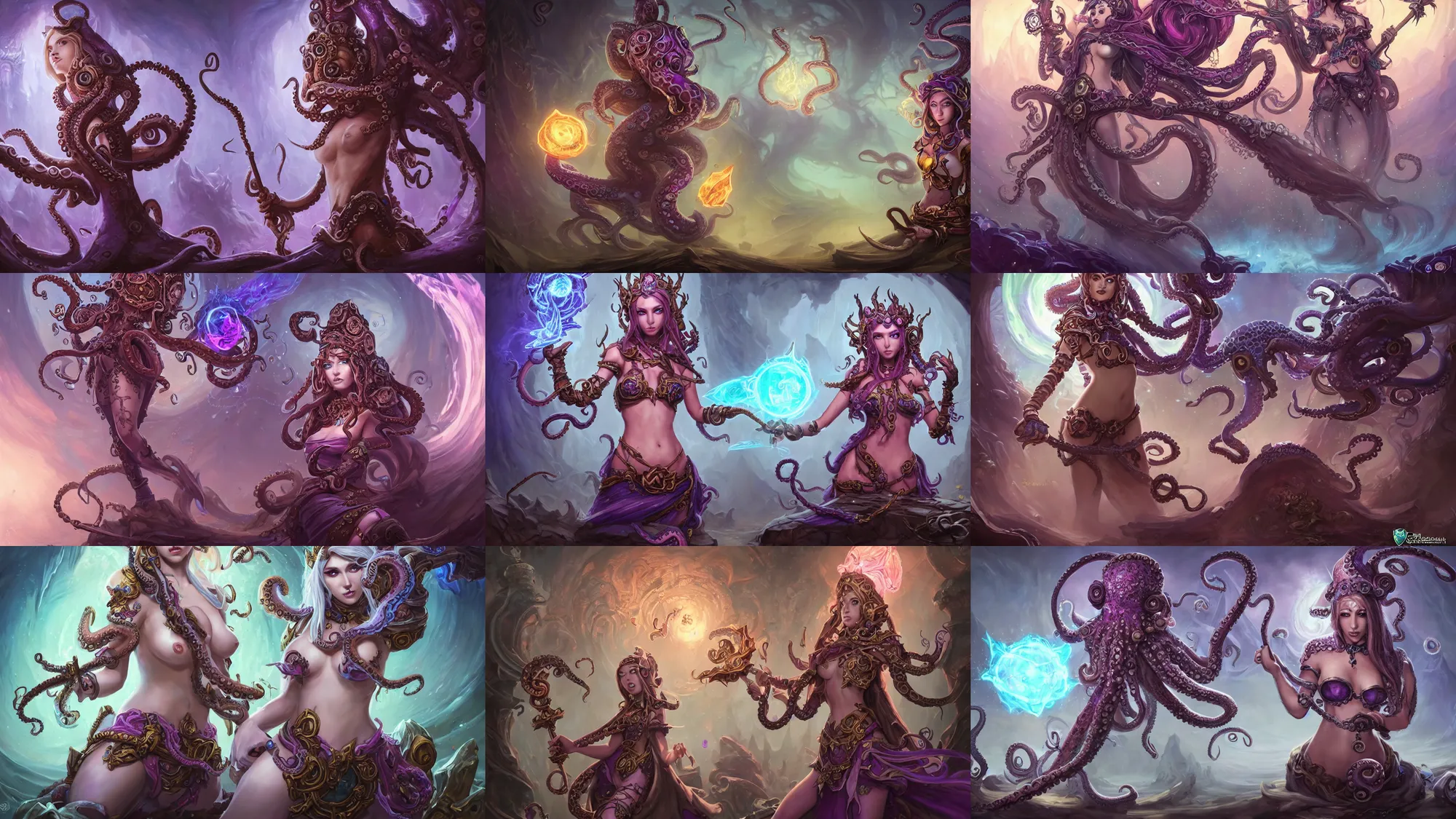 Prompt: portrait of beautiful octopus sorceress with magic staff, fantasy landscape in background, league of legends splash art, hearthstone splash art, world of warcraft splash art, full body shot, rule of thirds, fantasy, whimsical, horror, detailed face, beautiful eyes, ornate bikini armor, artgerm, greg rutkowski, josephine wall, trending on artstation, wallpaper