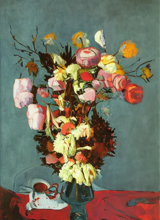 Image similar to a surreal painting of a breakfast still life, vase of flowers, by George Baselitz, symbolist, soft colors, dramatic lighting, smooth, sharp focus, extremely detailed, textured, aesthetically pleasing composition