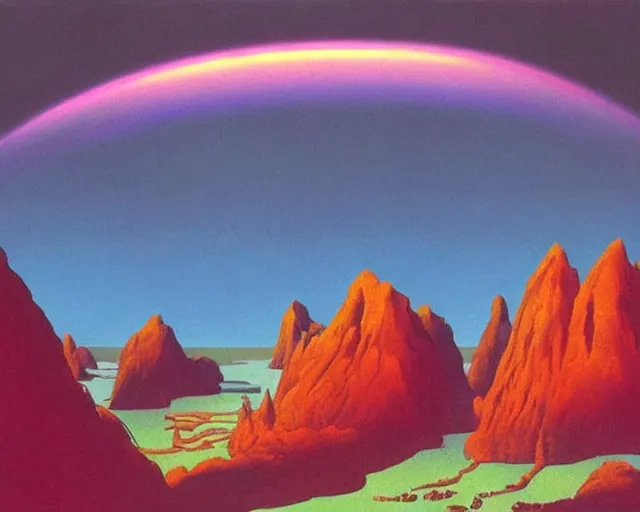 Image similar to roger dean 1 9 8 0 s art of distant mountains strange bizarre alien planet surface lakes reflective clear blue water, rainbow in sky, imagery, illustration art, album art