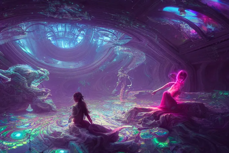 Prompt: a psychedelic realm at the edge of existence where intensely creative astral beings exist, attempt to break into the human reality, in the style of wlop, illustration, epic, fantasy, hyper detailed, smooth, unreal engine, sharp focus, ray tracing