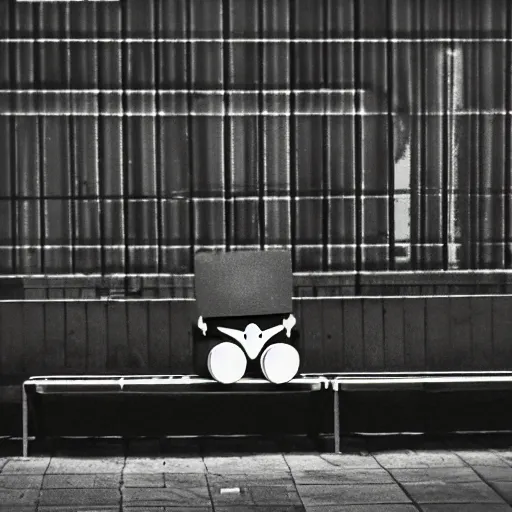 Image similar to vintage phto of a fat robot sitting alone in a streetbench, diezelpunk, cyberpunk, stray, neon lights