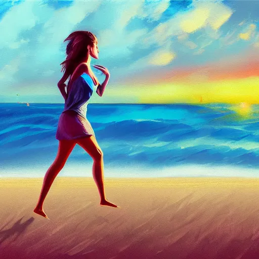 Image similar to portrait, giant rose flower head, woman running at the beach, surreal photography, sunrise, blue sky, dramatic light, impressionist painting, digital painting, artstation, simon stalenhag