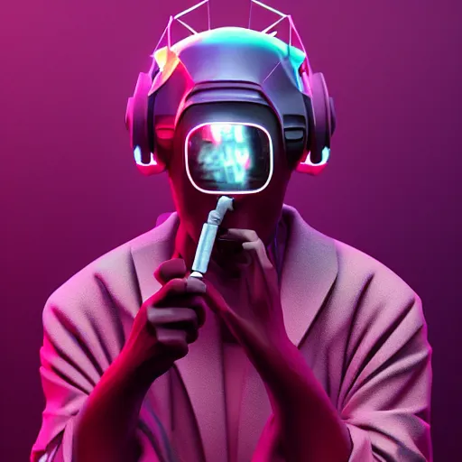 Prompt: a man wearing a futuristic headpiece with a cigarette in his mouth, cyberpunk art by Beeple, zbrush central contest winner, retrofuturism, darksynth, synthwave, retrowave