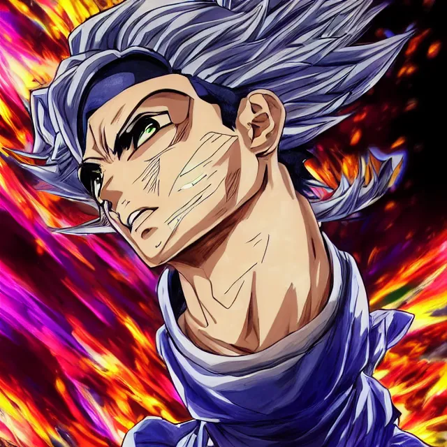 Image similar to handsome anime man channels the universe's energy in the style of jojo's bizarre adventure, ultrafine hyperrealistic detailed face illustration by kim jung gi, akira toriyama, intricate linework, sharp focus, bright colors, matte, octopath traveler, final fantasy, unreal engine highly rendered, global illumination, radiant light, intricate rainbow environment