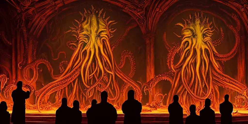 Prompt: portrait of circle group of priests invoking ritual in front of a giant cthulhu, intricate, glowing lights, highly detailed, sharp focus, wide - angle, atmospheric lighting, rich deep colors masterpiece, volumetric lighting, beautiful, rich deep colors masterpiece, sharp focus, ultra detailed by leesha hannigan, thierry doizon, kai carpenter