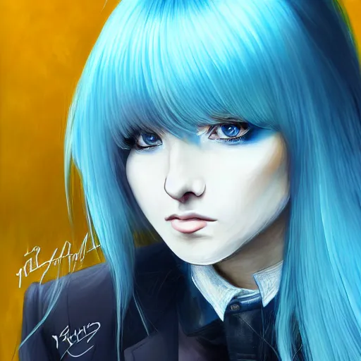 Image similar to full face shot of rimuru tempest, sky blue straight hair, long bangs, with amber eyes, wearing a fancy black jacket, high collar, beautiful, ultra detailed, brush strokes, digital painting, cinematic, wlop artstation, closeup, pixiv, intense, intimidating glare, photorealistic, overpowering, rossdraws, andy warhol,