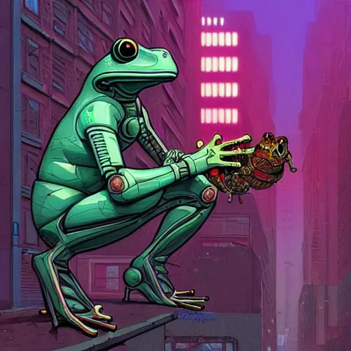 Image similar to A cyberpunk frog cyborg eats on the street of a cyberpunk city art by Josan Gonzalez, sci-fi, highly detailed, digital painting, artstation, smooth, sharp focus, illustration, concept art by Josan Gonzalez and James Gurney and Mœbius