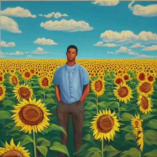 Prompt: a painting of a man standing in a field of sunflowers, an album cover by mac conner, trending on deviantart, harlem renaissance, official art, masterpiece, art