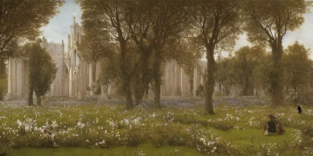 Prompt: a cathedral made of marble within a wildflower meadow at dawn, infinite regress, in the style of alma tadema