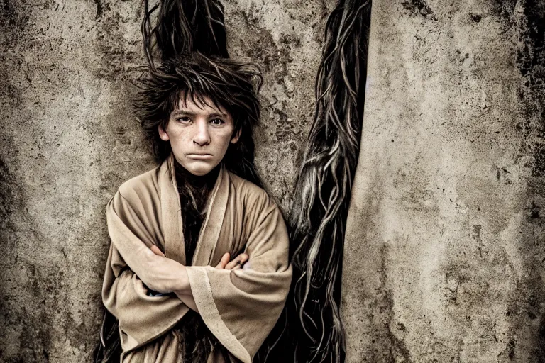 Prompt: character and environment photography, portrait shamanistic infested 1 0 - year - old male druid, messy hair, old tattered robe, medium shot, wide angle, 2 0 0 px, full front, natural light