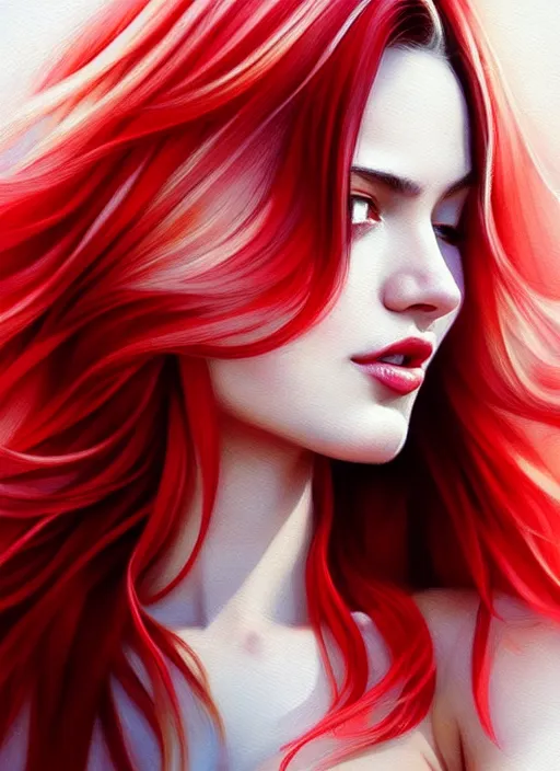 Prompt: photo of gorgeous woman with red and white ombre in the style of stefan kostic, realistic, half body shot, sharp focus, 8 k high definition, insanely detailed, intricate, elegant, art by stanley lau and artgerm, foggy backgeound