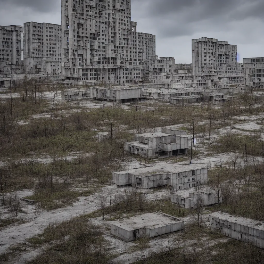 Image similar to brutalist soviet architecture, abandoned city, in the swamps, 4 k, professional photography