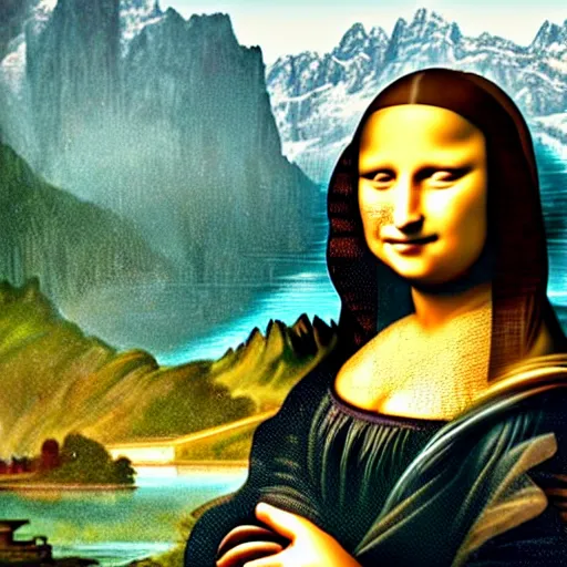 Image similar to A girl that looks like the mona lisa with beautiful switzerland landscape in the background