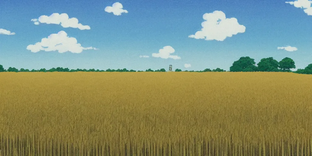 Image similar to an open wheat field, studio ghibli landscape