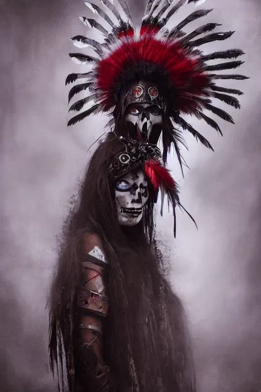 Image similar to the ghost - spirit of the grim - warpaint wears the scarlet skull armor and native blood headdress feathers, midnight fog - mist!, dark oil painting colors, realism, cinematic lighting, various refining methods, micro macro autofocus, ultra definition, award winning photo