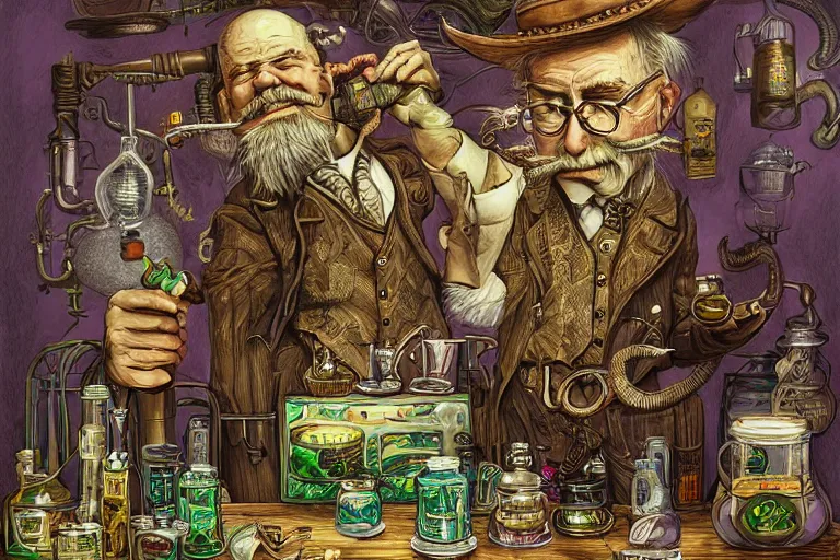Image similar to Uncle Aloysius, snake oil salesman, wild west crypto pharmaceutical industrialist apothecary alchemist tinkerer engineer, cute, fantasy, intricate, elegant, highly detailed, digital painting, 4k, HDR, concept art, smooth, sharp focus, illustration, purple green color scheme, art by Ed Roth and H R Giger