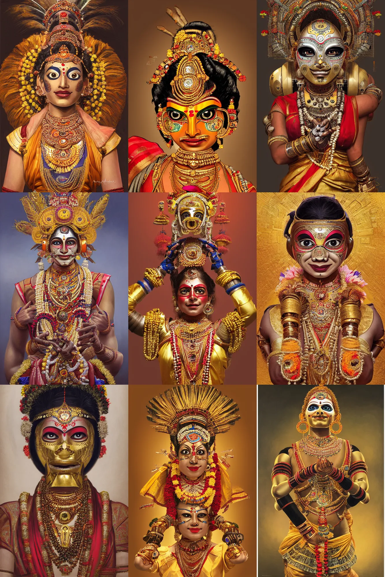 Prompt: a stunning ultrarealistic illustration of an indian cyborg dressed as a kathakali dancer, industrial mechanical robotic face, very detailed, deep depth of focus, intricate, headshot, portrait, 3 5 mm lens, golden ratio composition, studio lighting, artstation, 8 k, highly coherent, by artgerm and alphonse mucha and greg rutkowski