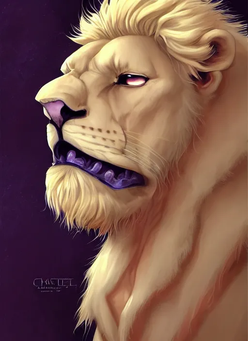 Image similar to aesthetic portrait commission of a of a male fully furry muscular anthro albino lion blindfolded in an asylumn horror art. Character design by charlie bowater, ross tran, artgerm, and makoto shinkai, detailed, inked, western comic book art, award winning film poster painting