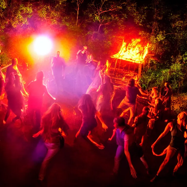 Prompt: real life 1 2 monkeys dancing in circle, bonfire in center, a jungle, cinematic, volumetric lighting, vivid colours, evil shadows, f 8 aperture, cinematic eastman 5 3 8 4 film, photorealistic