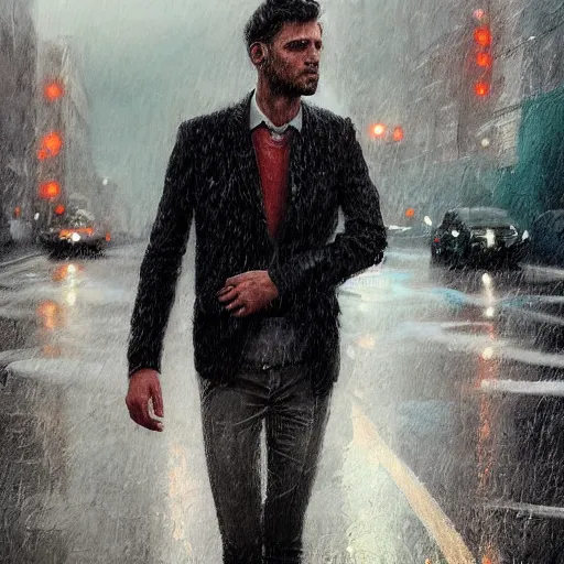 Prompt: a beautiful toned man in the rain, aesthetic, oil painting, pale colors, high detail, 8 k, wide angle, trending on artstation,