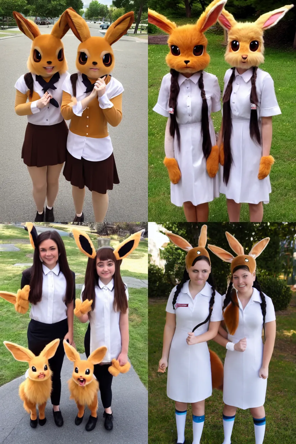 Prompt: photo of a pair of anthropomorphic eevee (((mormon missionary))) girls