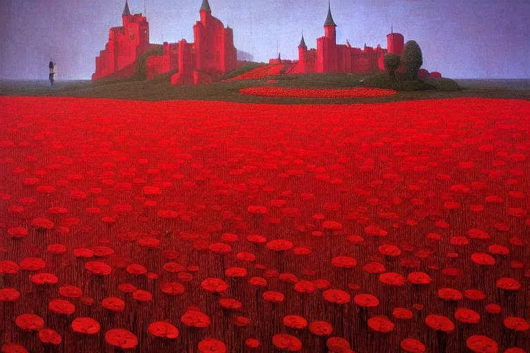 Image similar to only with red, a red expanse of flowers of different types, castle in background, goblin dance over the flowers, in the style of beksinski, parts by edward hopper, parts by rodcenko, parts by yue minjun, intricate and epic composition, red by caravaggio, insanely quality, highly detailed, masterpiece, red light, artstation, 4 k