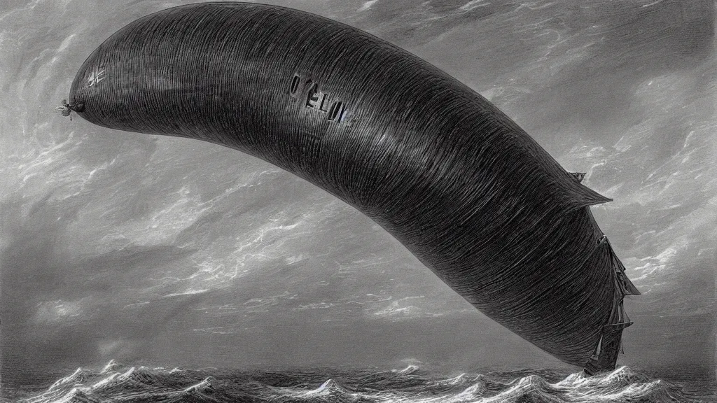 Image similar to drawing of one giant steampunk zeppelin flying above a stormy ocean, by gustave dore, nineteenth century, black and white, vintage, science fiction, epic composition, dramatic lighting, highly detailed, cinematic