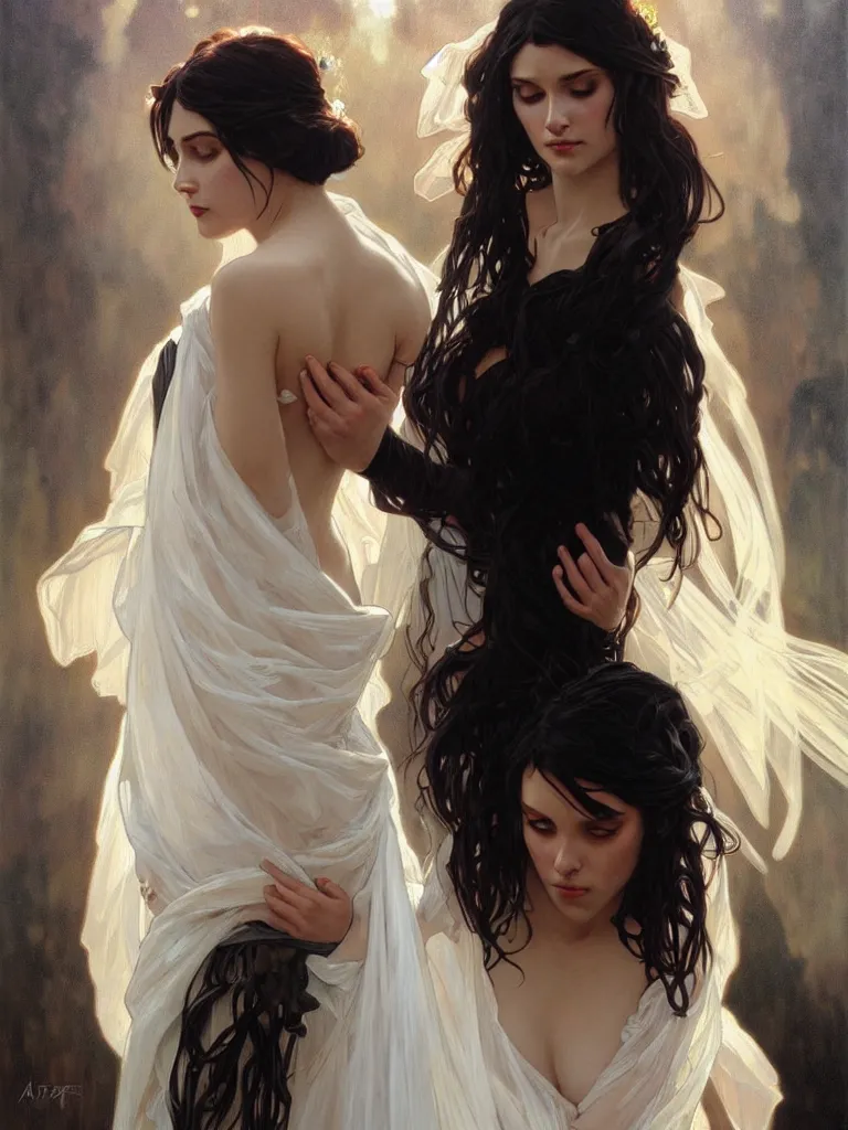 Image similar to detailed oil painting of sad bride in black under the god ray, art by artgerm and greg rutkowski and alphonse mucha