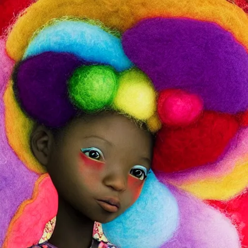 Prompt: a black girl with a colorful afro and rainbow eyes, in a candy forest! at night, bokeh, bright colours, watercolor, volumetric wool felting, macro photography, children illustration, by goro fujita