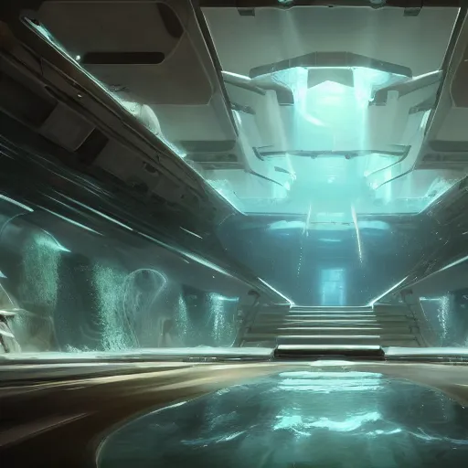 Prompt: futuristic hall, crisp, artstation, luxury, beautiful, dim painterly lighting volumetric aquatic, 3 d concept art