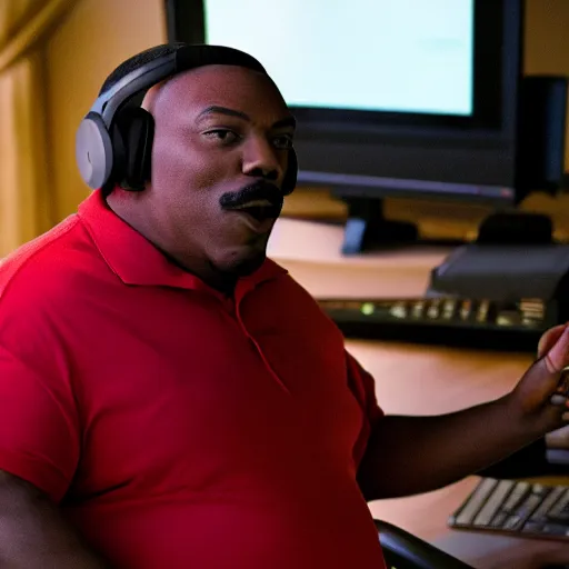 Prompt: obese Eddie Murphy wearing a headset yelling at his monitor while playing WoW highly detailed wide angle lens 10:9 aspect ration award winning photography by David Lynch esoteric erasure head