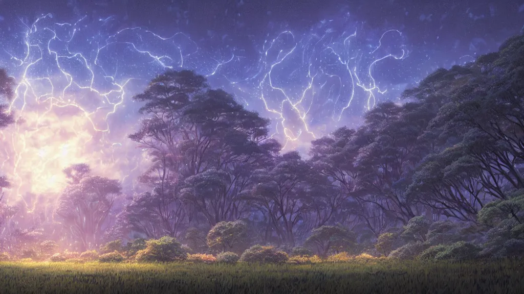 Prompt: highly detailed illustration of a an old giant forest with fireflies and rain at night and lots of high exposure cummulonimbus clouds by makoto shinkai, by moebius, by oliver vernon, by joseph moncada, by damon soule, by manabu ikeda, by kyle hotz, by dan mumford, by otomo, 4 k resolution