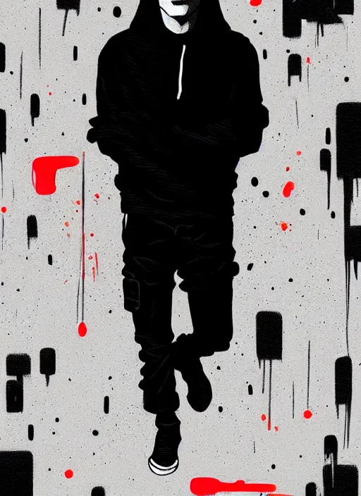 Image similar to highly detailed moody portrait of rami malek, elliot anderson, black hoody by atey ghailan, by greg rutkowski, by greg tocchini, by james gilleard, by joe fenton, by kaethe butcher, gradient red, black and white color scheme, grunge aesthetic!!! ( ( graffiti tag wall background ) )