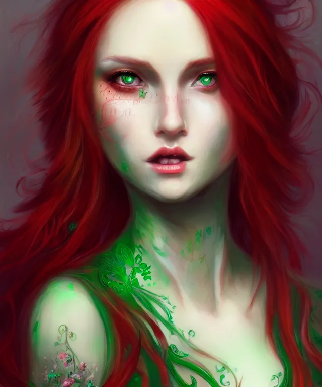 Prompt: Fae teenage girl, portrait, face, long red hair, green highlights, fantasy, intricate, elegant, highly detailed, digital painting, concept art