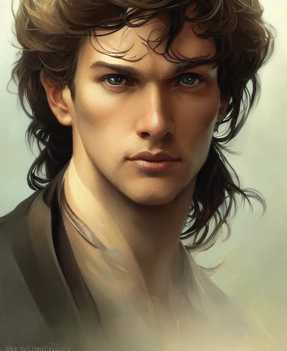 Image similar to portrait close up of guy, concentrated look, symmetry, d & d, fantasy, intricate, elegant, highly detailed, digital painting, artstation, concept art, art by artgerm and greg rutkowski and alphonse mucha, boris vallejo