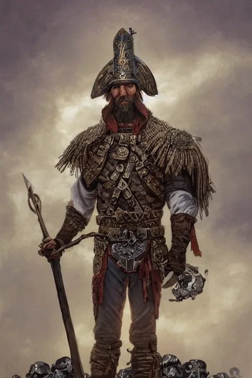 Prompt: a distant shot of a Ukrainian barechest cossack with a sword standing alone on a pile of skulls as a winner, masculine figure, D&D, fantasy, intricate, elegant, highly detailed, extremely detailed, digital painting, artstation, concept art, matte, sharp focus, symmetrical, illustration, art by Artgerm and Greg Rutkowski and Alphonse Mucha