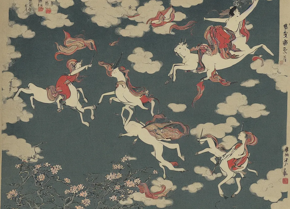 Prompt: woman riding a flying unicorn, japanese illustration