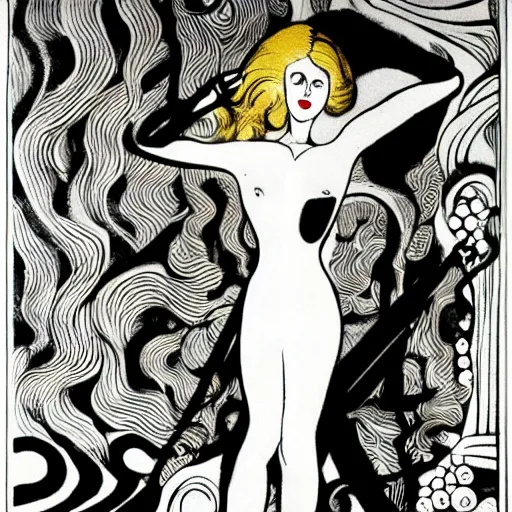 Image similar to beautiful blonde woman in german expressionism film playing large moog!!! synthesizer under stars, style of aubrey beardsley