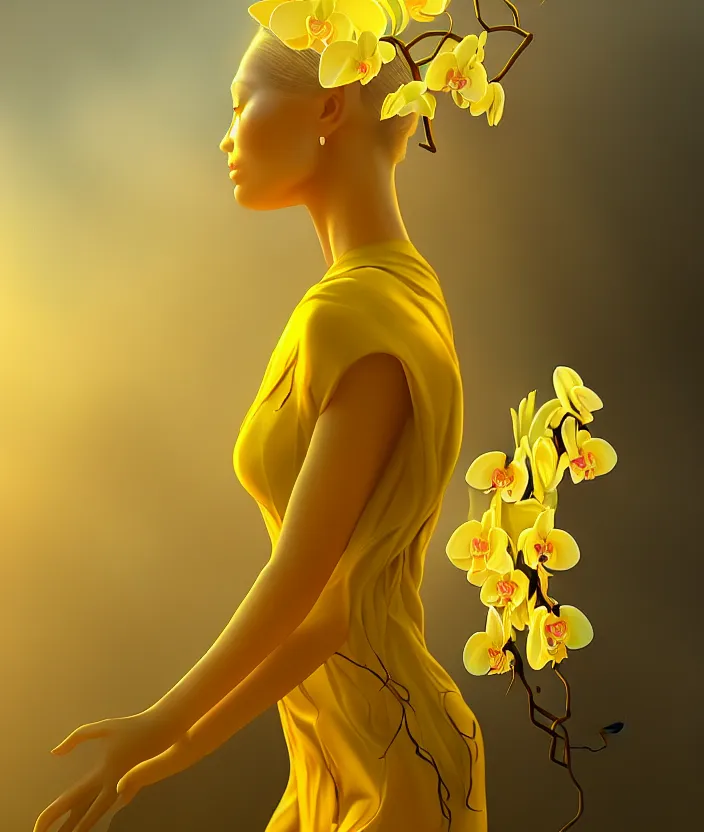 Image similar to a beautiful yellow woman, symmetrical portrait, realistic, full body, white orchids, vine twist, 8 k, rich details, nuclear sunset, mist, volumetric lighting, by wlop