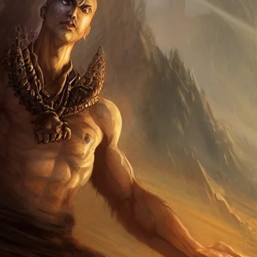 Prompt: dungeons & dragons avatar, fantasy concept art, close up centered portrait!!!, male daemon monk, outstretched demon wings!!, stoic nature, chaotic vibe, ( strong gargoyle - like features ), muscly, desert background, in the style of ruan jia, high detail, 8 k, uplit