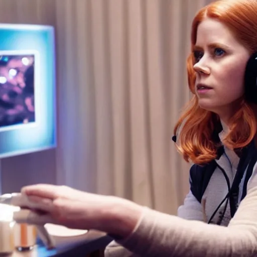 Image similar to a still of Amy Adams playing videogames, in the movie Arrival, highly detailed and intricate, bokeh, sharp image, cinematic lighting, 8k HDR