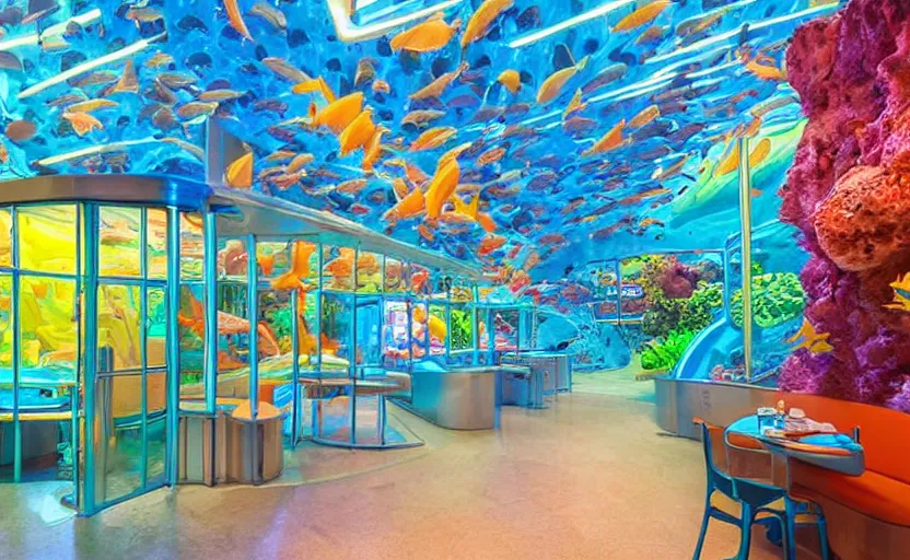 Prompt: inside a fastfood fish restaurant, fluorescent light, bright, atlantis theme, an aquarium at the wall, at the end is a giant door with stairs in front of it