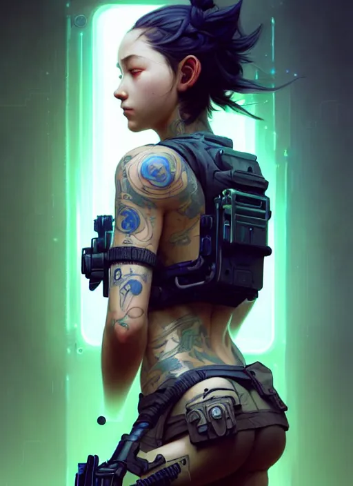 Image similar to girl covered with tattoos wearing tactical gear, intricate lights, bio luminescent, plasma, by ruan jia and artgerm and range murata and wlop and ross tran and william - adolphe bouguereau and beeple. key art. fantasy illustration. award winning, artstation, intricate details, realistic, hyperdetailed, 8 k resolution.