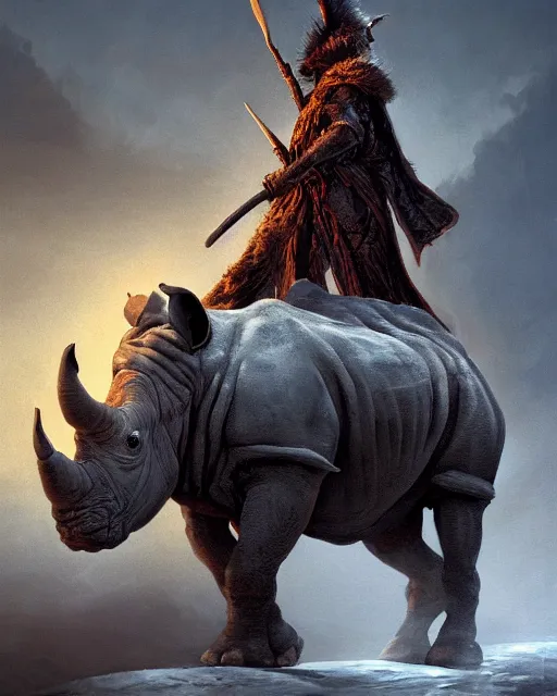 Image similar to oil painting of Anthropomorphized Rhino, wearing fur cloak, sharp focus, holding gigantic burning Axe, warrior clothes, heroic pose, dramatic artwork, fantasy style, octane render, volumetric lighting, 8k high definition, by greg rutkowski, highly detailed, trending on art Station, magic the gathering artwork, burning fire Battlefield background, centered