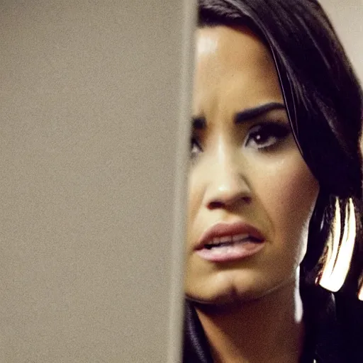 Image similar to close-up of Demi Lovato as a detective in a movie directed by Christopher Nolan, movie still frame, promotional image, imax 70 mm footage