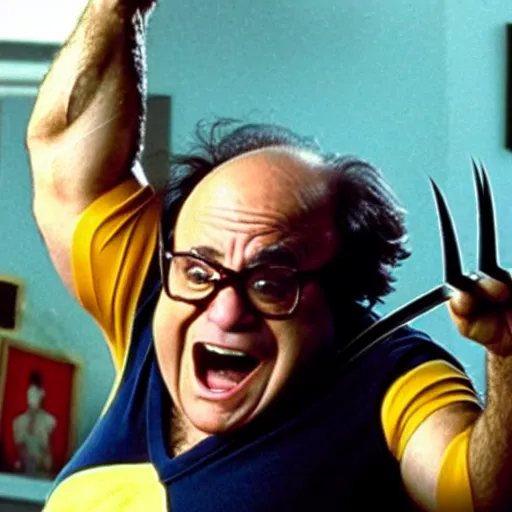 Prompt: danny devito frank reynolds's wolverine action pose