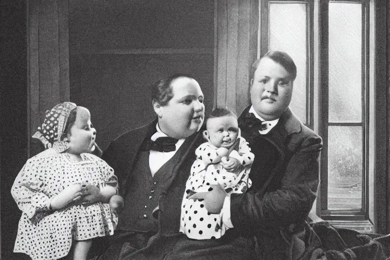 Prompt: charming and chubby parents and their very fat baby girl, wearing a polka dot cloths and a victorian - style hairdo, sits in the large and bright studio. sunlight enters through the barred window. modern etching style. beautiful lighting, 4 k post - processing, highly detailed, 5 k extremely detailed, 3 d. cinematic scene.