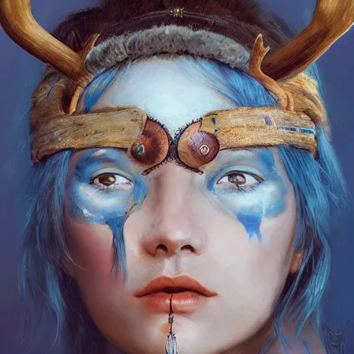 Prompt: A young female shaman, blue hair and antlers on her head, blindfolded, heilung, in the style of Heather Theurer, headshot photoshoot, artstation, made by karol bak